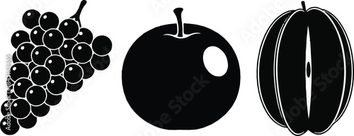 Black Silhouettes of Grapes Apple and Plum on Transparent Background