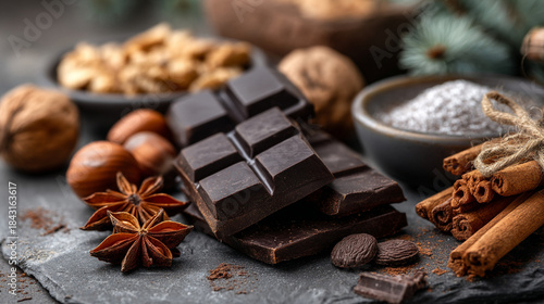 Dark chocolate with nuts and spices on a stone surface in a cozy setting