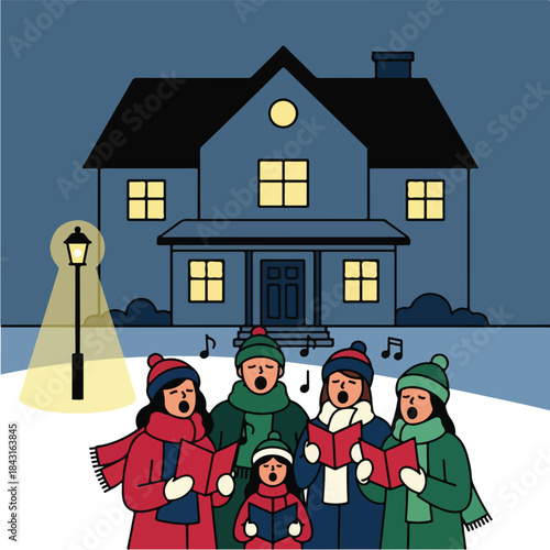 Christmas Carolers Singing in Front of a House at Night.