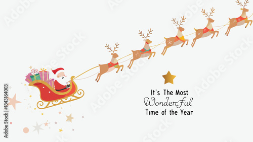 Santa claus and reindeer flying with presents and christmas greetings