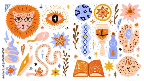 Whimsical mystical elements collection with lion and celestial motifs
