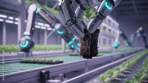 Futuristic agri robotics innovation with robotic arm planting green seedling modern indoor farm nurturing growth using advanced technology