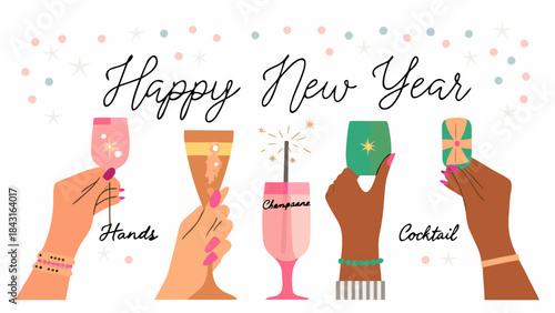 Happy new year celebration with champagne and cocktails