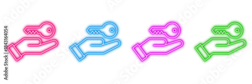 Neon glowing hand with wrench vector icons set, service, support, repair, maintenance, solution, bright vivid colorful digital design illustration on transparent background.