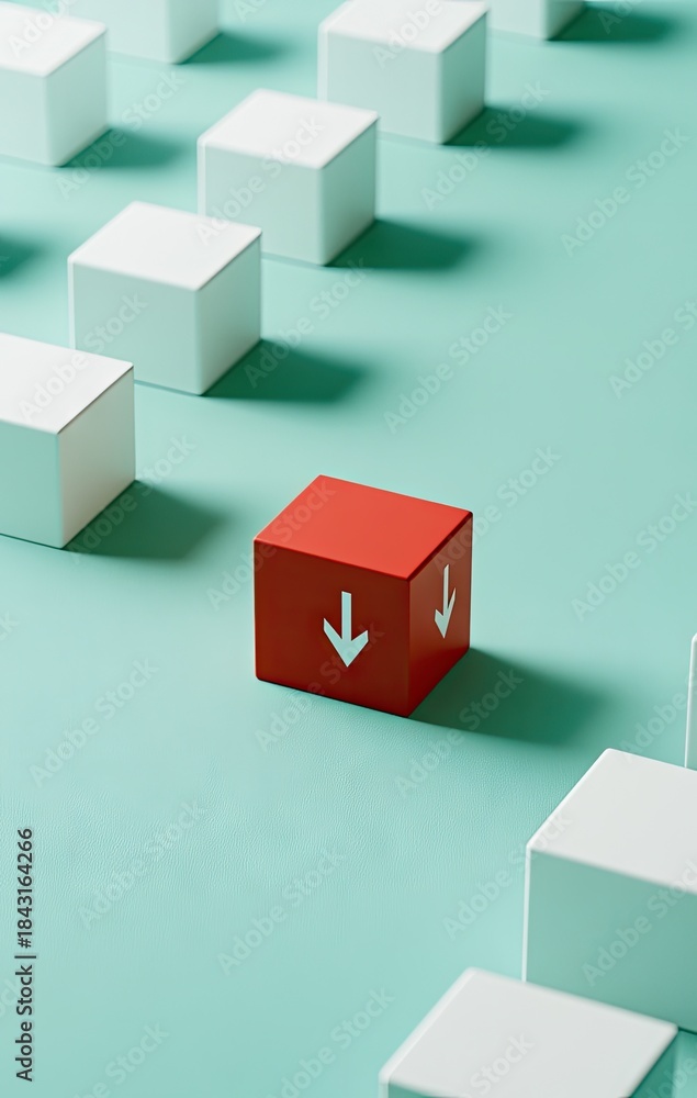 Fototapeta premium A single red cube with down arrows, positioned amidst a grid of white cubes on a mint-green surface