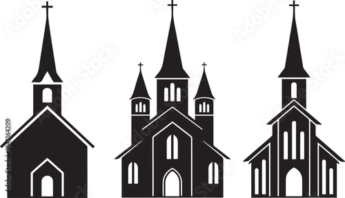 Church Silhouettes in Black and White Illustration Set