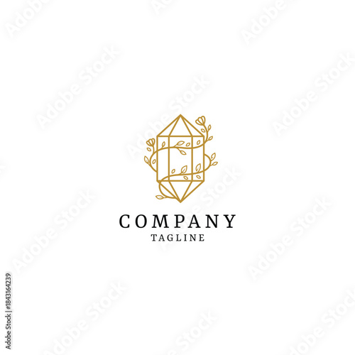 A luxurious logo design a geometric crystal gemstone outline intertwined with delicate, hand-drawn floral and botanical elements
