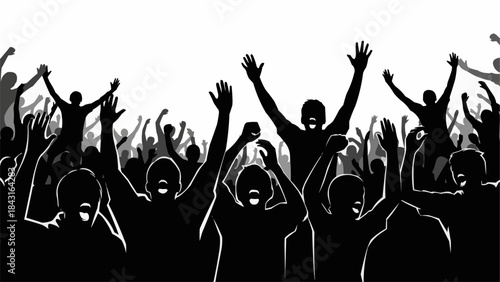 Crowd of people cheering with hands raised in excitement.