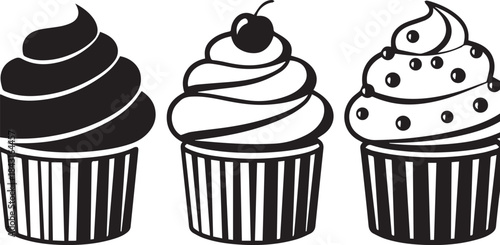 Delicious Cupcakes with Frosting and Toppings in Black and White
