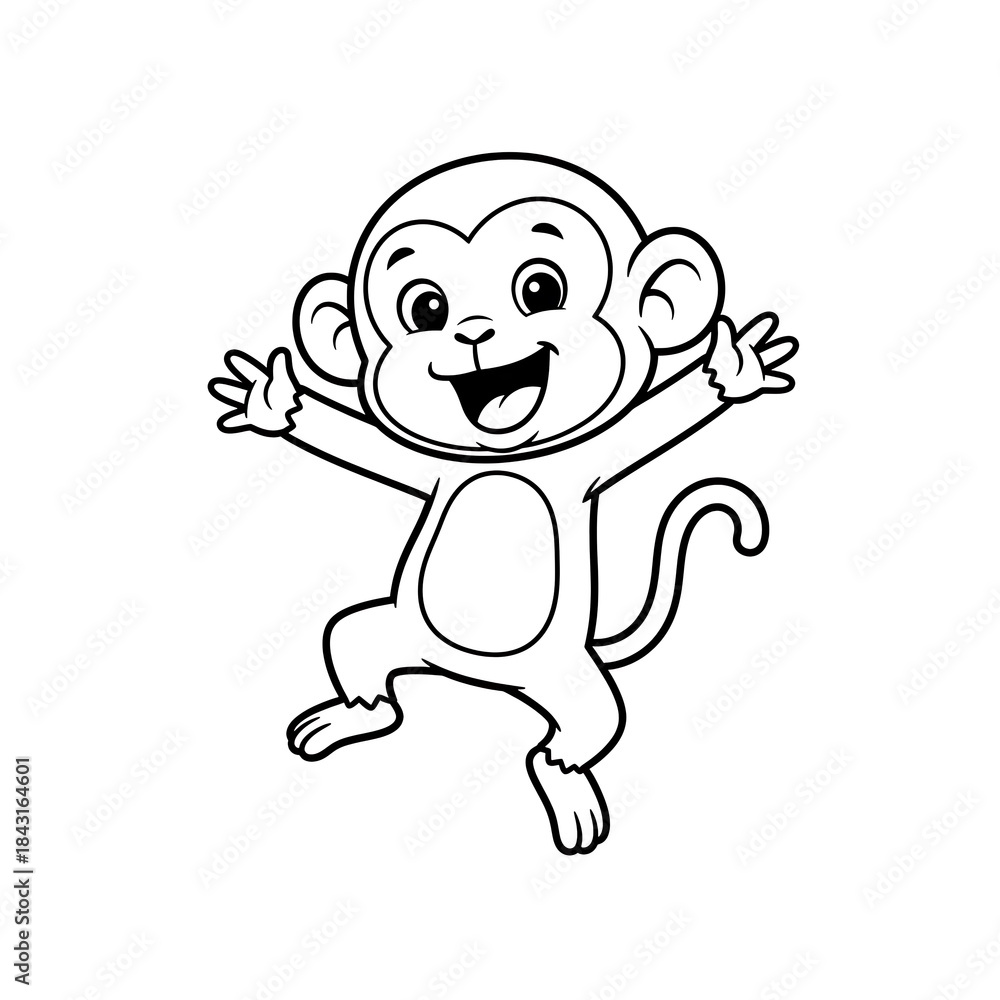 Fototapeta premium Monkey cartoon coloring book illustration of a happy monkey with arms raised and a cheerful expression suitable for children's activities on a white background.