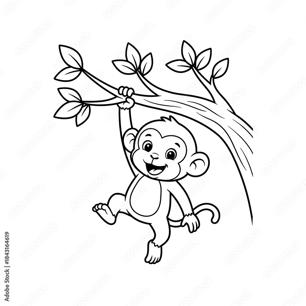 Naklejka premium Monkey cartoon coloring book illustration of a happy monkey hanging from a tree branch with leaves, suitable for children's activity sheets on a white background.