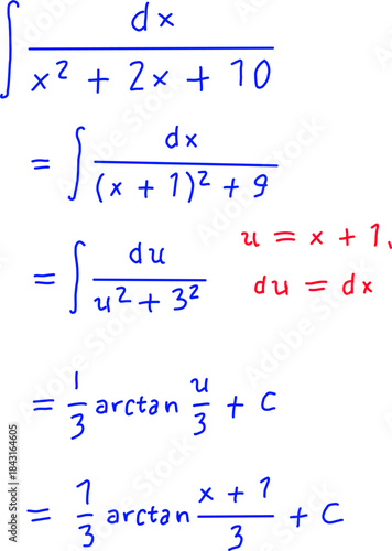 Handwritten calculus solution showing integral of a quadratic function, completing the square and substitution leading to arctangent result.
