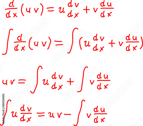 Handwritten calculus notes explaining integration by parts formula, showing derivative of product uv and step-by-step transformation.
