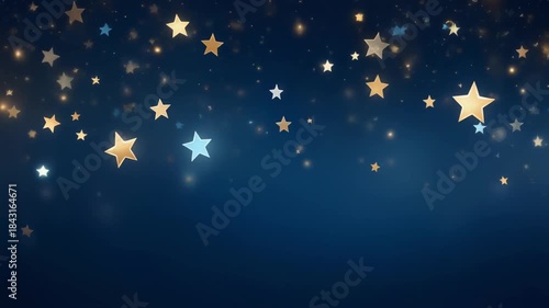 A dark blue background with gold, white, and blue stars of various sizes scattered across, creating a festive Christmas atmosphere. Perfect for Christmas background, Merry Christmas and holiday