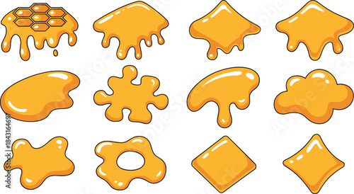 Cartoon honey splash shapes set, dripping golden liquid elements, sweet syrup blobs illustration, sticky fluid design collection