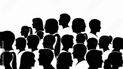 Diverse group of people silhouettes in profile view.