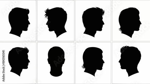 Collection of Diverse Male Head Silhouettes in Profile and Front Views.