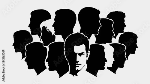 Diverse group of people silhouettes with a central figure in focus.