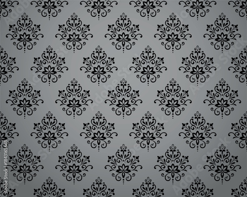 Wallpaper in the style of Baroque. Gray and black floral ornament. Seamless vector background. Graphic pattern for fabric, wallpaper, packaging. Ornate Damask flower illustration