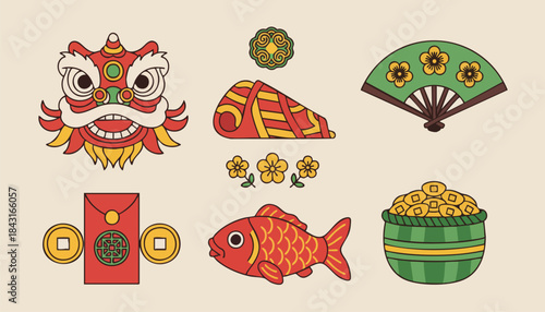 Chinese New Year elements gold coins and festive decorations