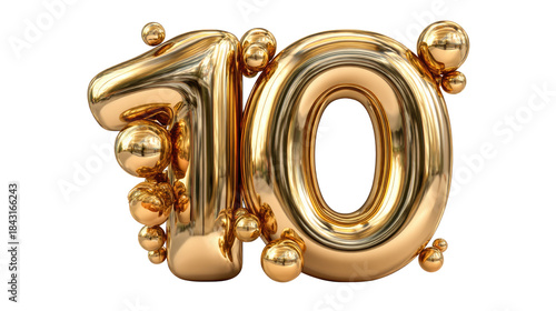 Gleaming Golden Number Ten with Decorative Bubbles and Shine