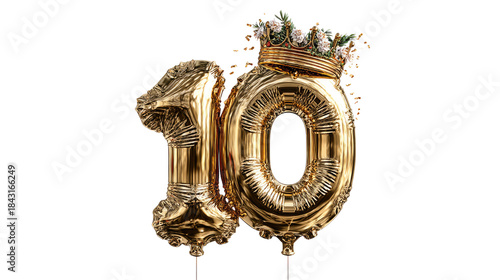 Gold Number Ten Balloon with Crown and Floral Decoration for Celebrations