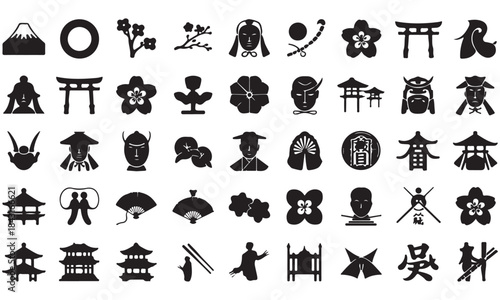 Japanese Culture Icons Collection: Traditional Silhouettes of Japan, including Mount Fuji, Torii Gate, Pagoda, Sakura, and Geisha
