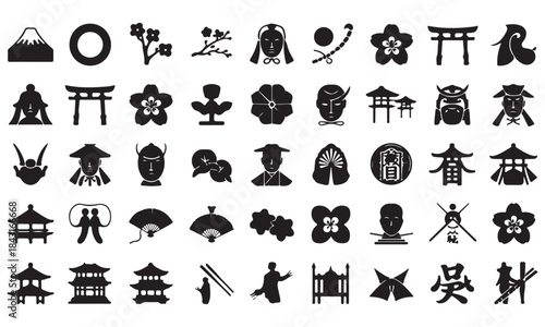 Japanese Cultural Icons Vector Silhouette Set. Traditional Japan Symbols Collection including Mount Fuji, Torii Gate, Cherry Blossoms, Samurai, Geisha and Pagodas.