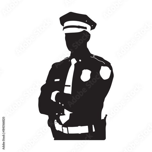 Black and white silhouette vector cartoon illustration of a policeman officer character in a uniform jacket and helmet standing