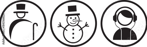 Set of Snowman Icons with Top Hat and Headphones