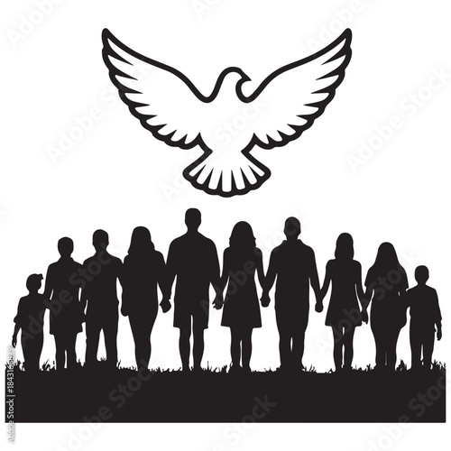 Vector illustration of a group of people forming the silhouette of a flying dove with wings of freedom and peace