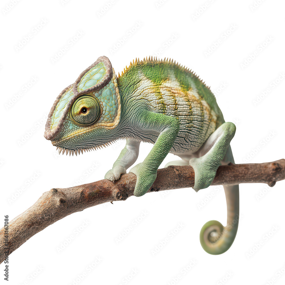 Fototapeta premium A chameleon perched on a branch. its unique coloration and textures. with a soft white background that highlights its features. ideal for nature and wildlife photography
