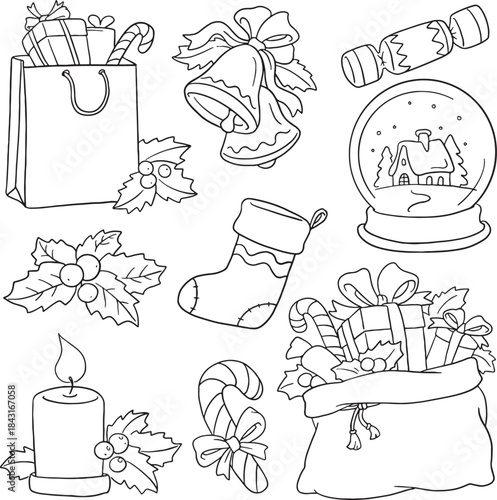 Christmas decoration and symbols vector set including Santa's bag of gifts, bells, stocking, holly, snow globe, and candle. Ideal cartoon illustration for holiday design, winter event invitations.