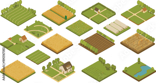 Isometric farm landscape elements set, agricultural fields countryside illustration, rural land plots, farming environment icons collection
