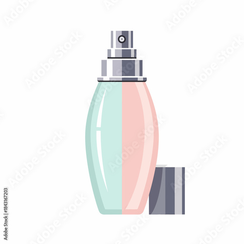 A vibrant illustration of a modern perfume bottle, featuring a split design with pastel pink and light blue colors, accompanied by its detached silver spray cap.