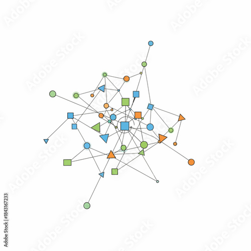 Abstract network graph illustrating interconnected nodes of various shapes and colors, representing complex data relationships or system architecture.
