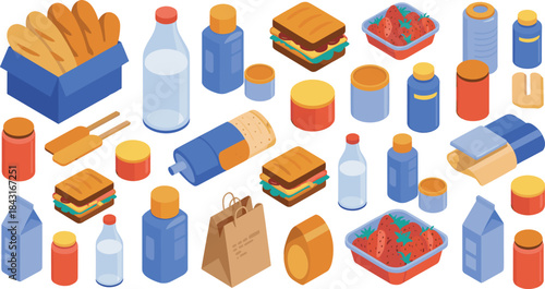 Isometric food packaging illustration set, bread milk sandwich containers, grocery products collection, retail market supplies design