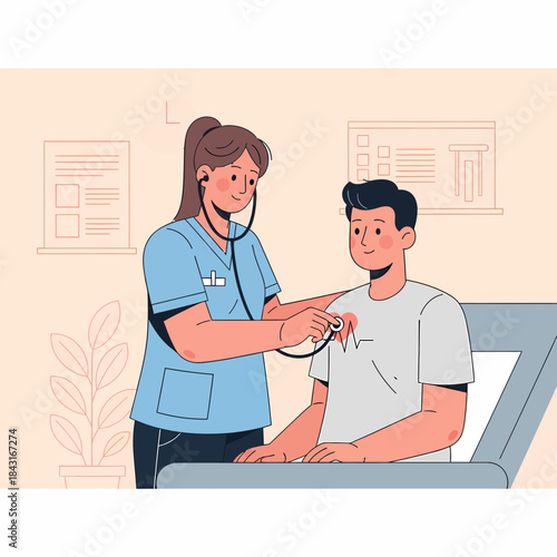 Blue medicine bottle with white cap and labels, flat vector illustration.