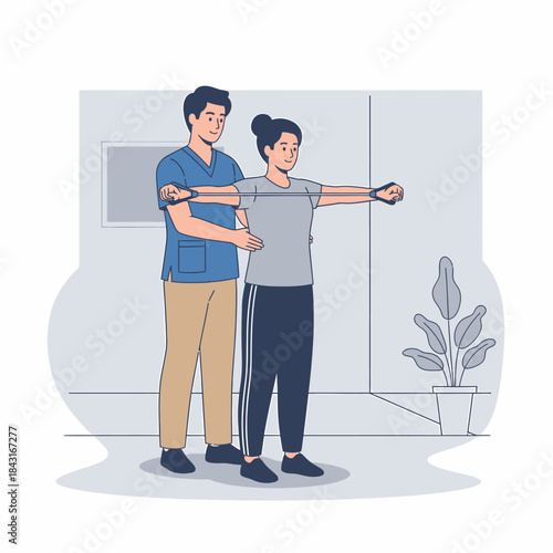 A physical therapist assists a female patient with arm exercises using resistance bands in a rehabilitation clinic.