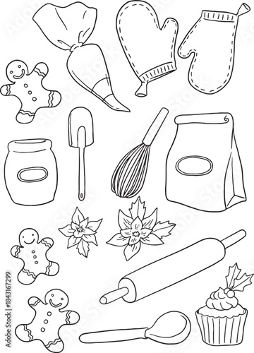 Christmas baking tools and ingredients vector set featuring gingerbread men, oven mitts, piping bag, rolling pin, whisk, and flour bag. Perfect cartoon illustration for holiday recipes, winter baking.