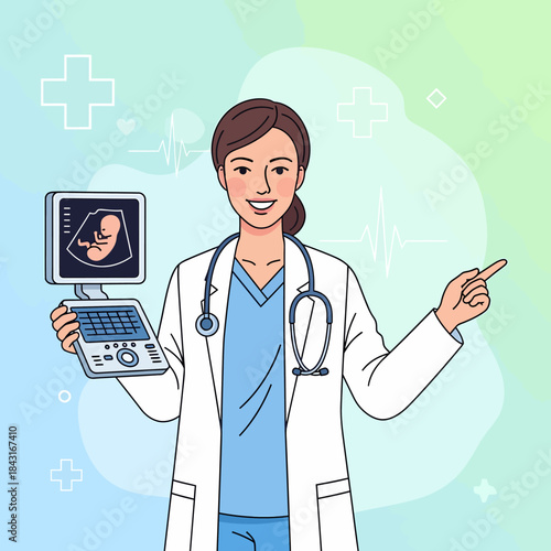 Female doctor holding an ultrasound machine with a baby image, pointing, in a medical setting.