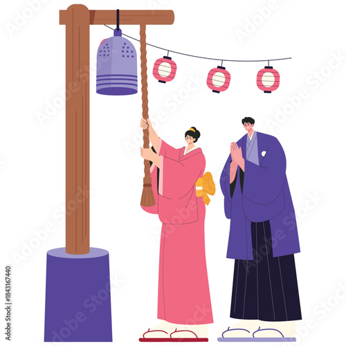Japan Culture Illustration. Vector illustration of Japanese couple ringing a temple bell during a traditional ceremony with lantern decorations. Isolated on background