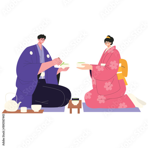 Japan Culture Illustration. Vector illustration of Traditional Japanese tea ceremony scene with kimono-clad couple sharing matcha tea. Isolated on background