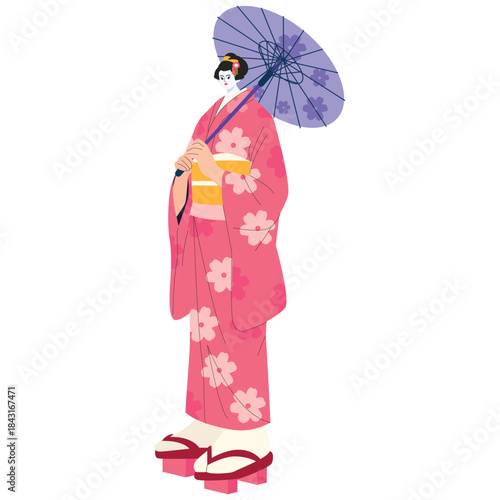 Japan Culture Illustration. Vector illustration of Traditional Japanese geisha wearing kimono and holding a paper umbrella in a cultural setting. Isolated on background