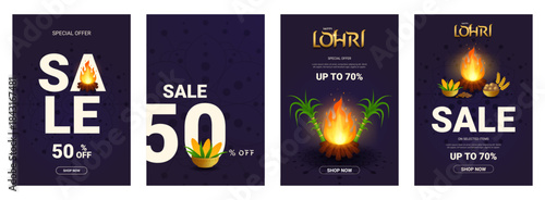 Happy Lohri sale banner design set. Sale special offer 50,70 percent off discount for holiday season template with sweets, sugarcane, corn, fire, flat style blue background. Vector illustration