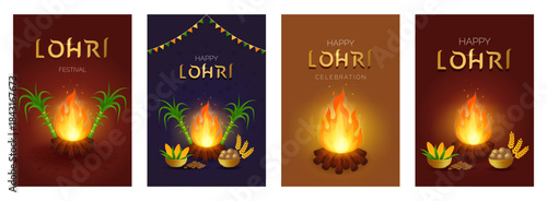 Lohri festival indian fire harvest celebration poster set with bonfire, sugarcane, corn, sweets. Punjabi night festive design devotion, rituals, mandala. Vertical vector illustration