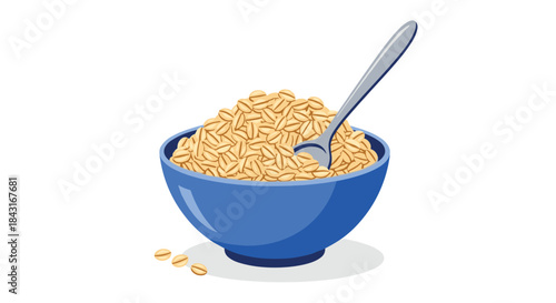 Blue ceramic bowl filled with healthy rolled oats for a nutritious breakfast, with a metal spoon resting inside and a few flakes spilled.