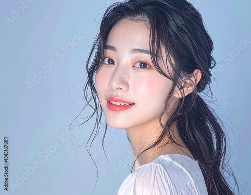 日本人, 清楚な若い女性, 横顔, ナチュラルな笑顔, 柔らかい光, 白背景, 透明感ある肌, 美容広告スタイル Japanese, modest young woman, side profile, natural smile, soft light, white background, translucent skin, beauty ad style