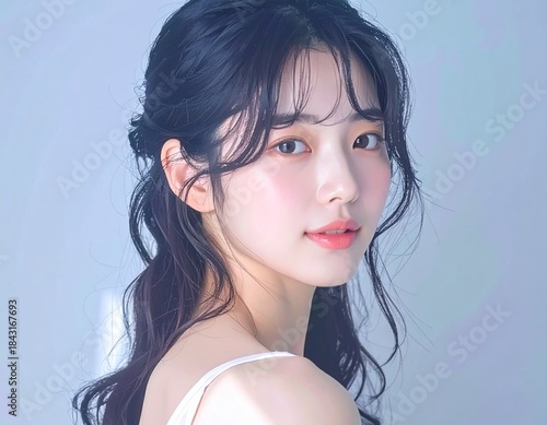 日本人, 清楚な若い女性, 横顔, ナチュラルな笑顔, 柔らかい光, 白背景, 透明感ある肌, 美容広告スタイル Japanese, modest young woman, side profile, natural smile, soft light, white background, translucent skin, beauty ad style