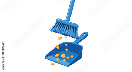 Blue broom sweeping up small pieces of trash and dust into a matching blue dustpan, illustrating a concept of cleaning and tidying up.